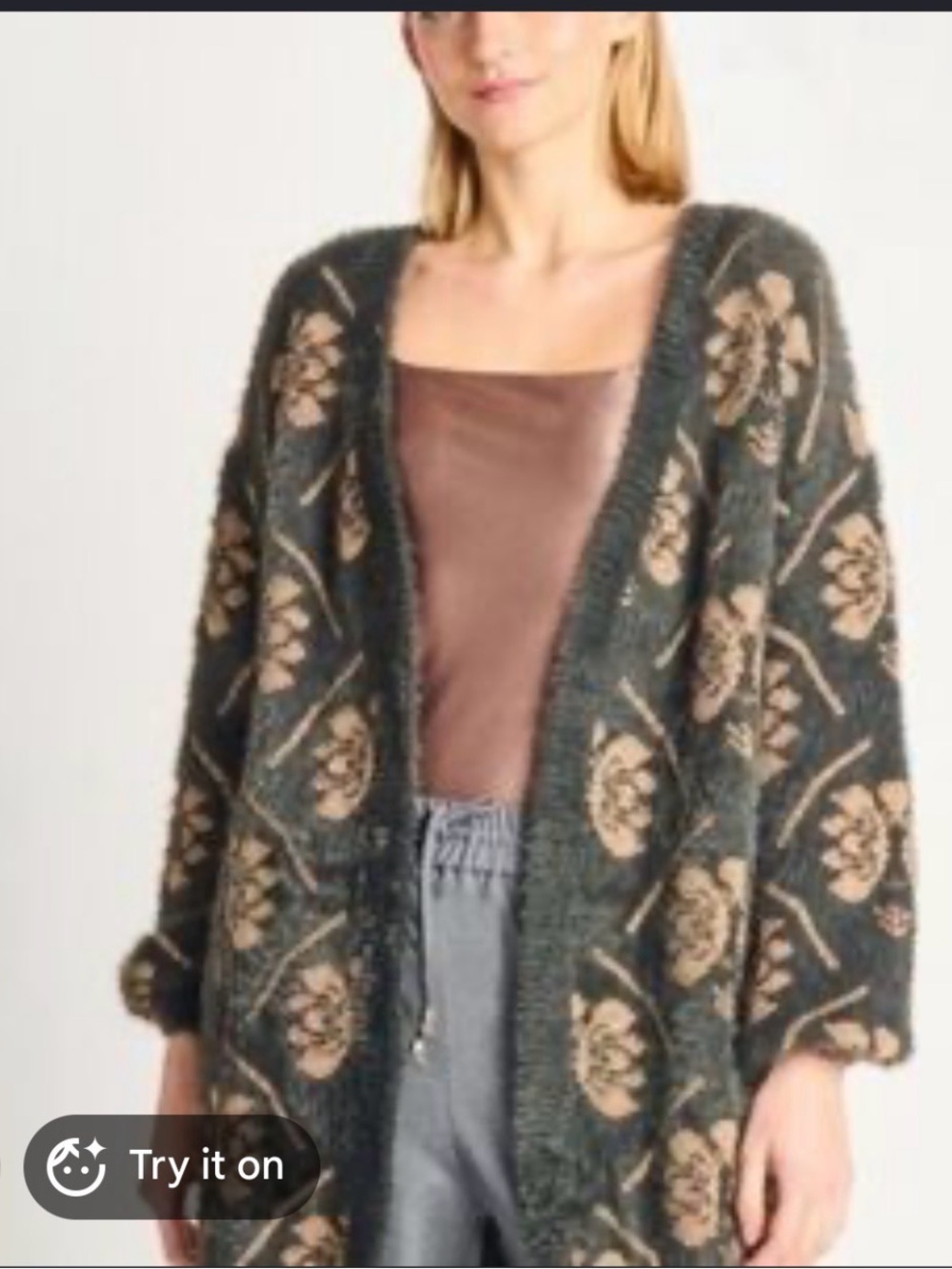 Maeve Black Fuzzy Cardigan with Gold Floral Motif - Picture 2 of 4